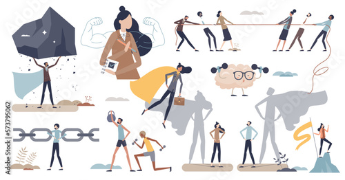 Strong people set with leaders mental power elements tiny person collection, transparent background. Successful female and businessman with confidence, ambition and bravery items illustration.