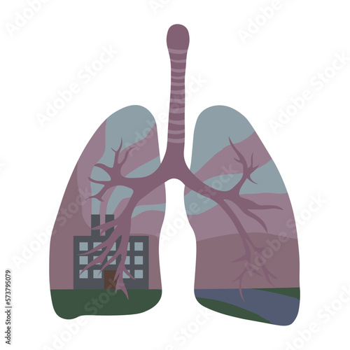 Drawn human lungs and working factory on white background. Ecology concept