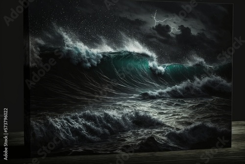 Seascape with strong surfing waves  chilly dramatic water  thunder and lightning on a dark night scene with gloomy  rainy terrain. Generative AI