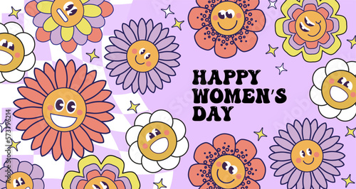 Seventies retro Flower Power background with hippie flowers. International Womens day. 8th March Day. Mothers day. Colorful pastel illustration in 70s 60s vintage style.