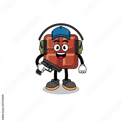 Character mascot of chocolate bar doing shooting range
