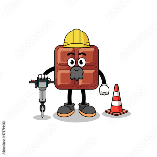 Character cartoon of chocolate bar working on road construction