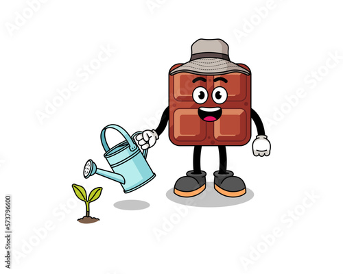 Illustration of chocolate bar cartoon watering the plant