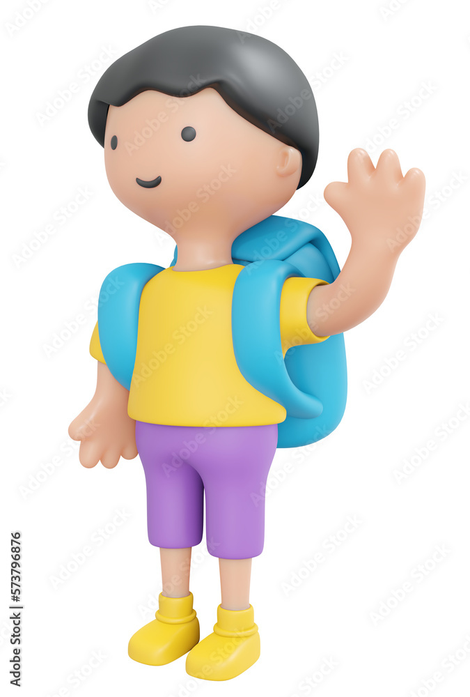 3D Rendering happy boy girl waving hand say hello with backpack isolated on white cartoon style. 3D Render illustration. 3D Rendering happy boy girl waving hand say hello with backpack isolated on white cartoon style. 3D Render illustration.