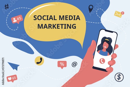 Refer a friend concept with cartoon hands holding a phone with a list of friends contacts. Referral marketing strategy