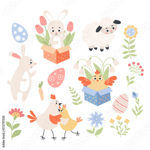 Spring collection. Easter animals, rabbit with tulips, chicken in box, couple poultry and cute sheep, eggs and flowers. Vector illustration. Isolated paschal symbols in flat cartoon style for design.