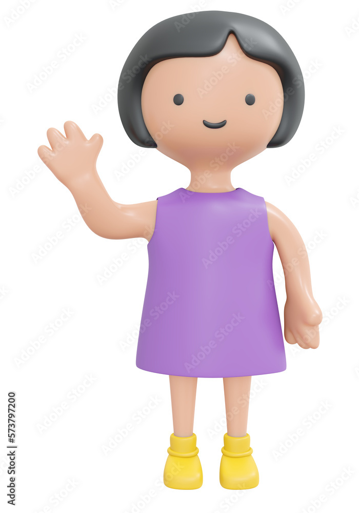 3D Rendering happy girl waving hand say hello isolated on white cartoon style. 3D Render illustration. 3D Rendering happy girl waving hand say hello isolated on white cartoon style. 3D Render illustration.