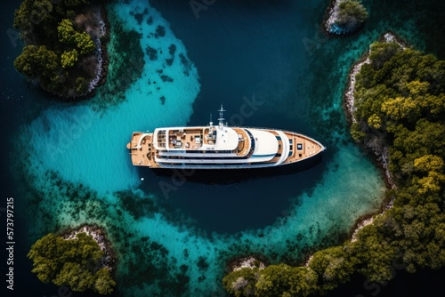 Photographie Drone's eye view photograph of a wooden decked luxury yacht anchored in a stunning blue island bay