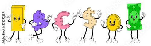 Cute funny banknotes and coins humanized characters showing various money and finance concept cartoon vector Illustrations. Dollar, Euro, Gold bar in cartoon groovy style. Humanlike branding mascots