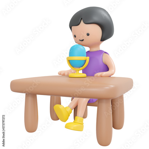 3D Rendering happy girl sitting and speaking on microphone isolated on white cartoon style. 3D Render illustration.