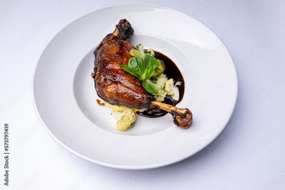 Rooster on wine with mashed potatoes and carrots Rooster on wine with mashed potatoes and carrots