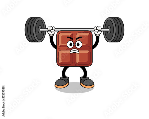 chocolate bar mascot cartoon lifting a barbell