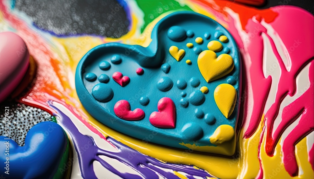  a close up of a heart shaped cookie on top of a colorful table cloth with hearts on it and a heart shaped cookie on top.  generative ai