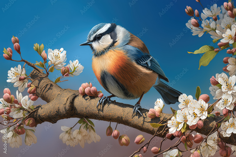Naklejka premium Beautiful bird perched on a flower branch in spring