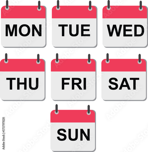 Calendar icons with days of the week. Monday, tuesday, wednesday, thursday, friday, saturday, sunday. Date days to-do list. 