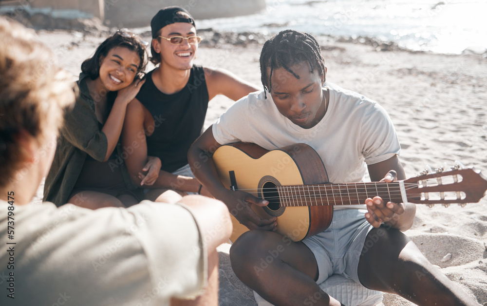 Bonding people, playing or guitar by beach, ocean or sea in holiday vacation, summer travel or social gathering. Smile, happy and couple of friends with musical instrument in relax diversity picnic