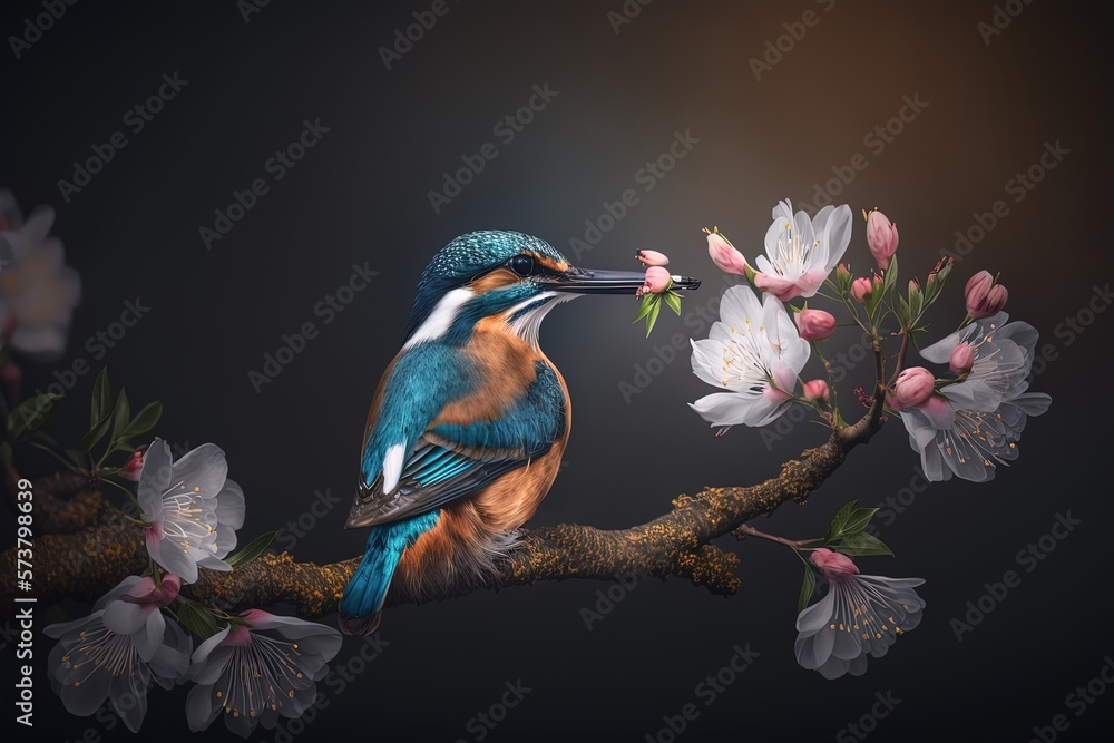 Fototapeta premium close up cute Kingfisher bird in warm spring time on cherry blossom tree branch, idea for romantic lovely animal background, Generative Ai