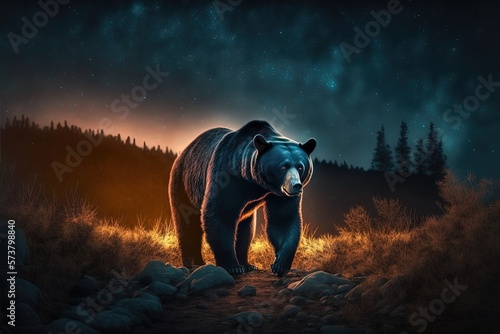 Illustration of a big black bear in national park at night time, Generative Ai