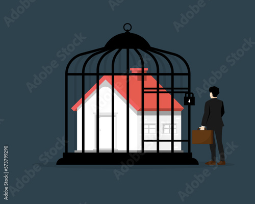 Debt property concept, Housing inside lock cage with businessman, Digital marketing illustration.