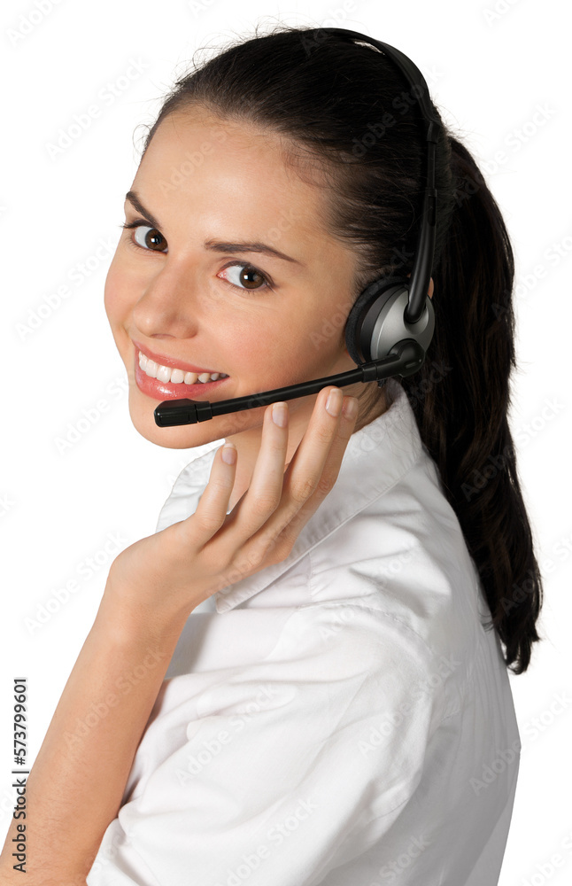 Young woman with headphones, call center or support concept Young woman with headphones, call center or support concept