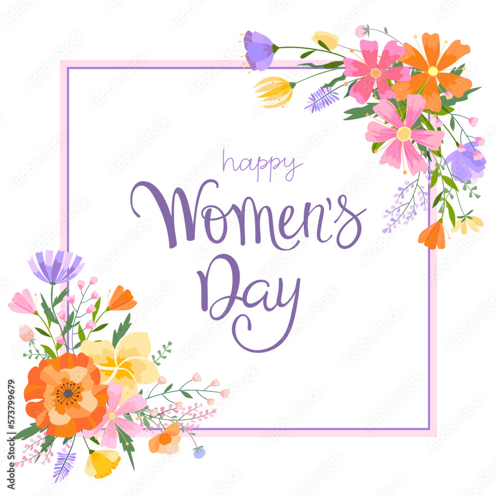 Happy women's day greeting card. 8 march women's day poster or banner with lettering, frame, spring flowers and leaves on white background.