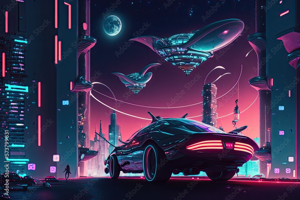 A futuristic cityscape with flying cars and towering skyscrapers, with a color scheme inspired by cyberpunk art, 3D render or digital.