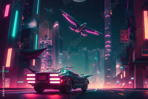 A futuristic cityscape with flying cars and towering skyscrapers, with a color scheme inspired by cyberpunk art, 3D render or digital.