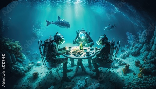 two people having a meal underwater, seascape cave background, Generative Ai © QuietWord