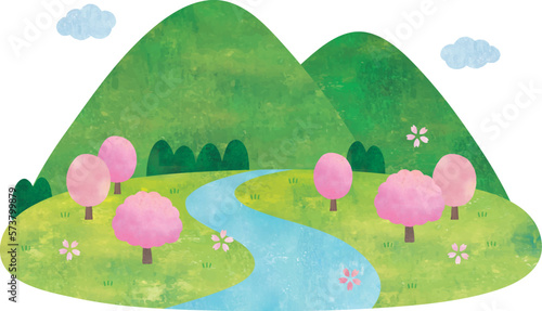 山と川と桜のシンプルな水彩画風景 photo