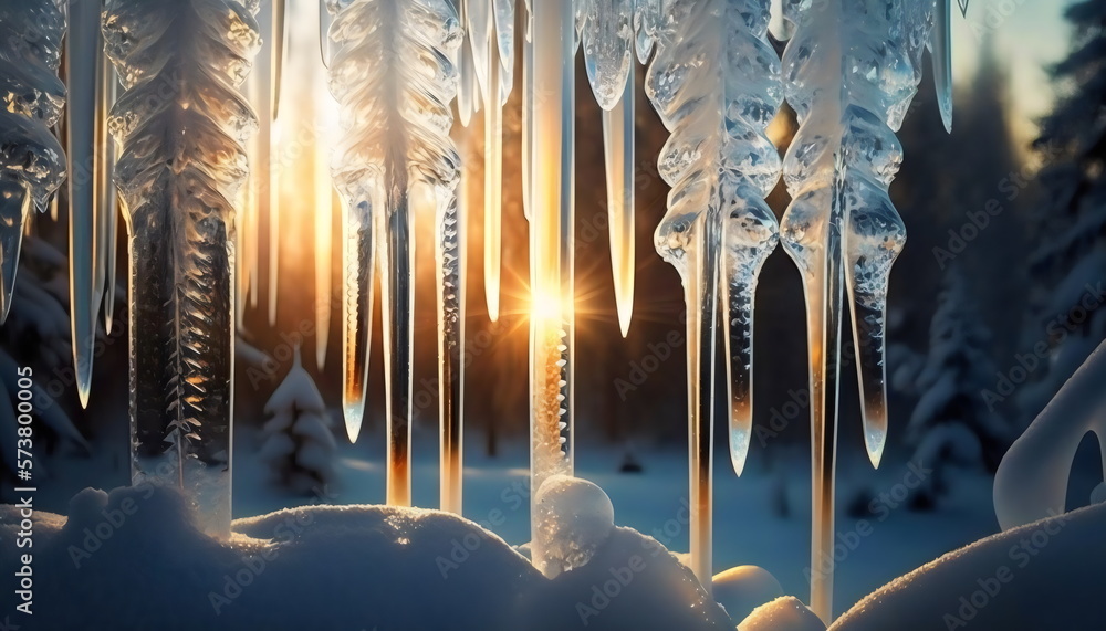 golden sun shining through icicles on a cold winter morning, made with generative ai golden sun shining through icicles on a cold winter morning, made with generative ai