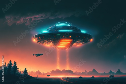 UFO come to visit earth, landing on forest ground, Generative Ai