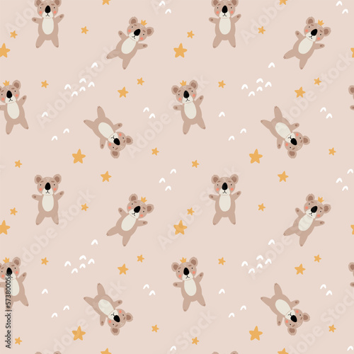 Cute bear seamless pattern. koala with crown and stars. Kawaii cartoon character. Baby greeting card template. Notebook cover, tshirt.