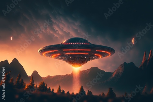 UFO come to visit earth, landing on forest ground, Generative Ai