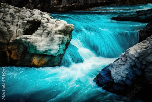 Little Falls in Little River Canyon National Preserve, where heavy rains produce a strong flow of turquoise water. Generative AI