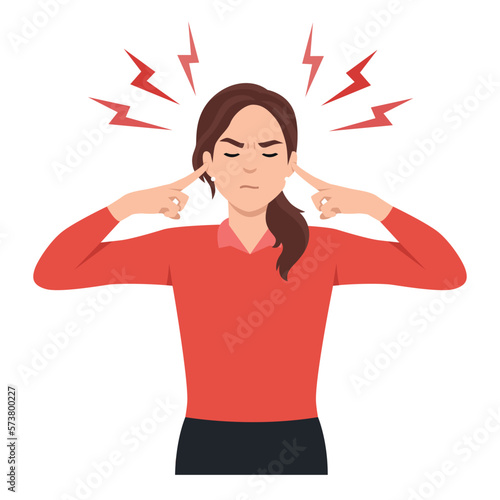 Young woman Covering Her Ears. Flat vector illustration isolated on white background