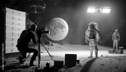 retcon image of men filming astronauts and moon landing in a studio, made with generative ai photo