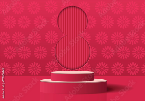 Red pink stand product podium with flower's patterns wall background eight shape