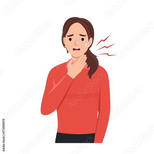 Young female having sore throat symptom isolated on white background. Character for covid-19, cold and flu, Pharyngitis or tonsil inflammation symptom. Flat vector cartoon.