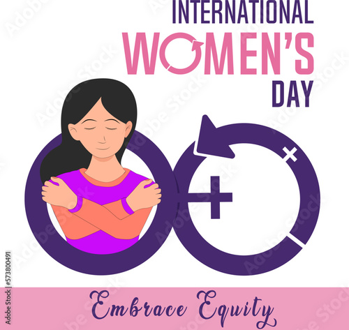 International Women's Day, campaign theme - Embrace equity. Gender equality for all. Vector of a lady bracing herself through a gender circle symbol. 