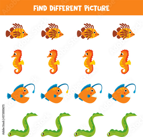 Find different sea animal in each row. Logical game for preschool kids.