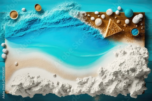 You can use the wooden tabletop and the beach with the blue sea and white sand as a backdrop for your products or as a montage. Generative AI