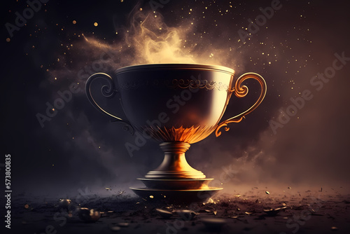 Cup Champion golden prize with splash of stars on dark background with sun light. Generation AI © Adin