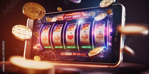 Casino banner slot machine with jackpot and golden coin. Generation AI photo