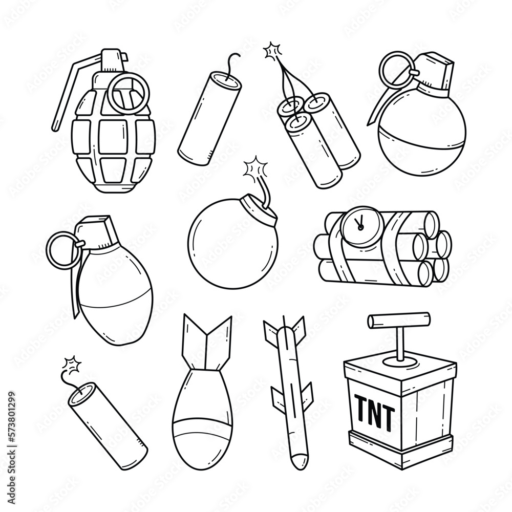 Outline doodle bomb and grenade objects sketch hand drawn vector