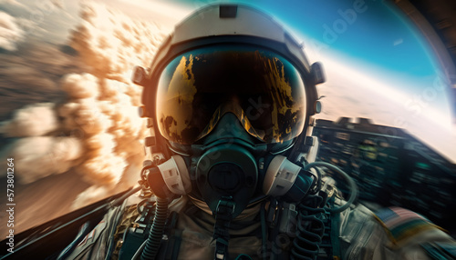 View from cockpit of fighter pilot leads air boat with enemy, sunlight. AI generation © Adin