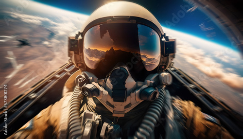 View from cockpit of fighter pilot leads air boat with enemy, sunlight. AI generation