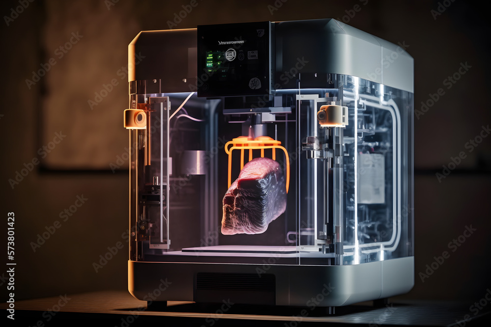 Food industry, 3D printer for printing meat in experimental laboratory. Generation AI