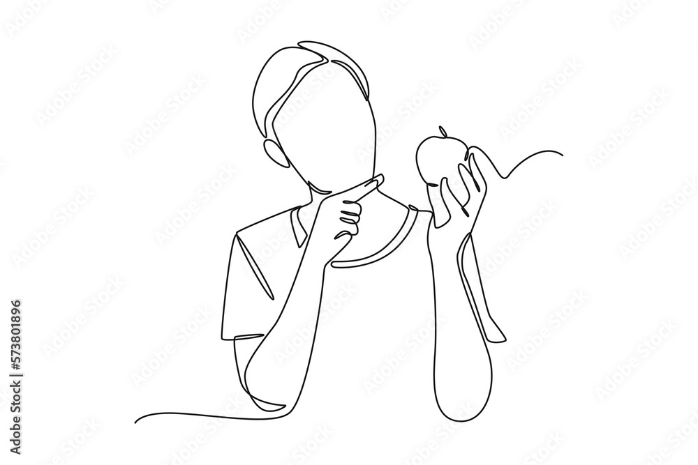 Continuous one line drawing happy boy eats apple fruit. Healthcare at home concept. Single line draw design vector graphic illustration. Continuous one line drawing happy boy eats apple fruit. Healthcare at home concept. Single line draw design vector graphic illustration.