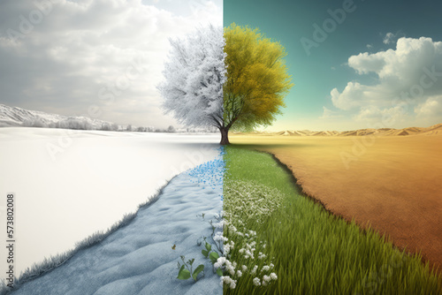 Nature view with half snow and half spring, Symbol of changing seasons photo