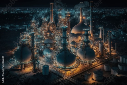 Refineries for both oil and gas, seen from above at night, make up a large industrial district that provides both power and energy. Generative AI